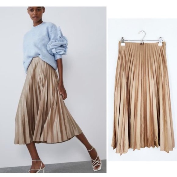 Zara Dresses & Skirts - [Zara] NWT Tan Satin Pleated Shiny Midi Skirt